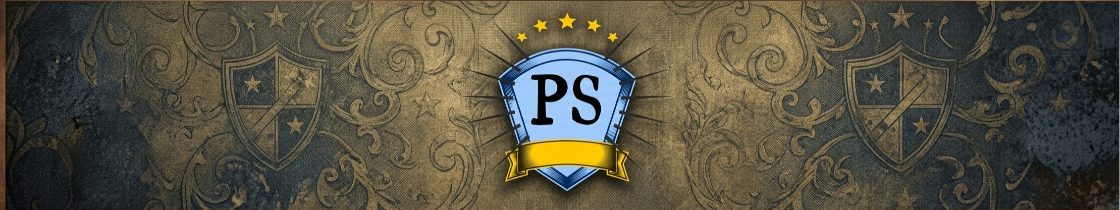 PS crest banner: a blue and gold heraldic shield with five stars, on an aged parchment background.